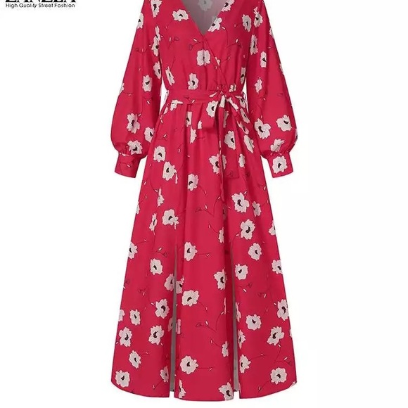 Red Maxi Poppy Dress with Slit - Picture 3 of 9